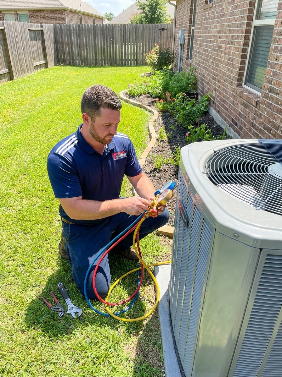 TMark technician servicing an outdoor AC condenser unit in Buffalo, NY